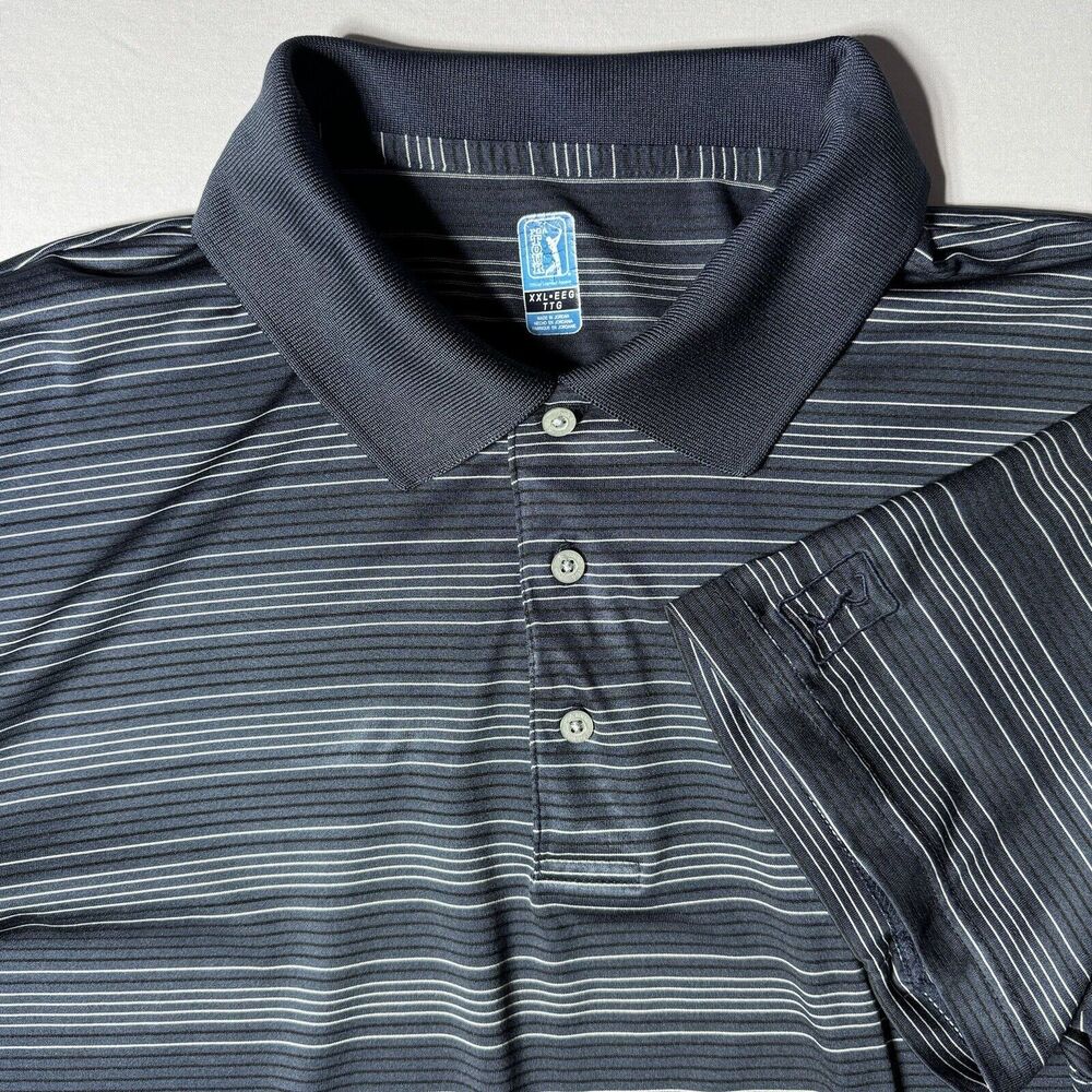 PGA TOUR Mens XXL Navy Blue Black White Striped Golf Short Sleeve Polo